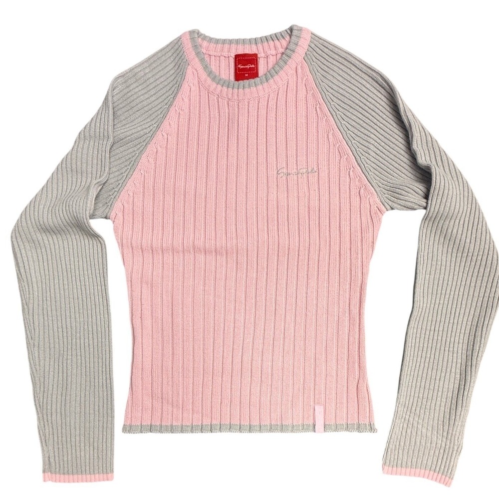 Vintage Y2K Southpole Pink‎ Gray Ribbed Knit Raglan Long Sleeve Sweater Top XL